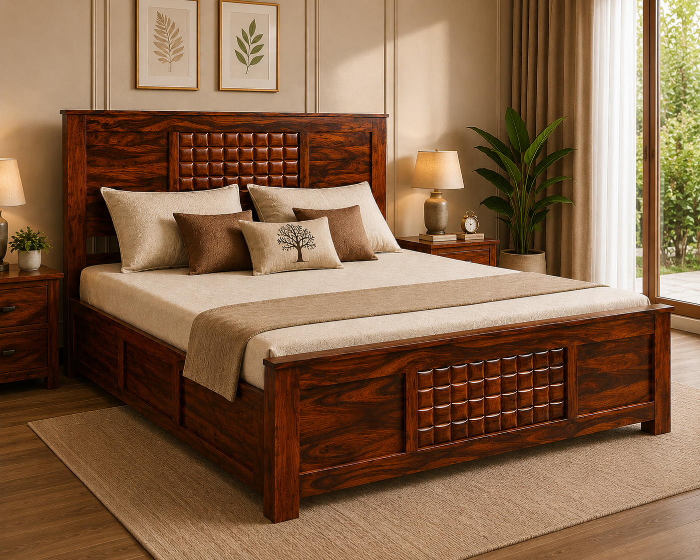 King Size Sheesham Wood Bed in Honey Walnut Finish with Box Storage - MR ARTS