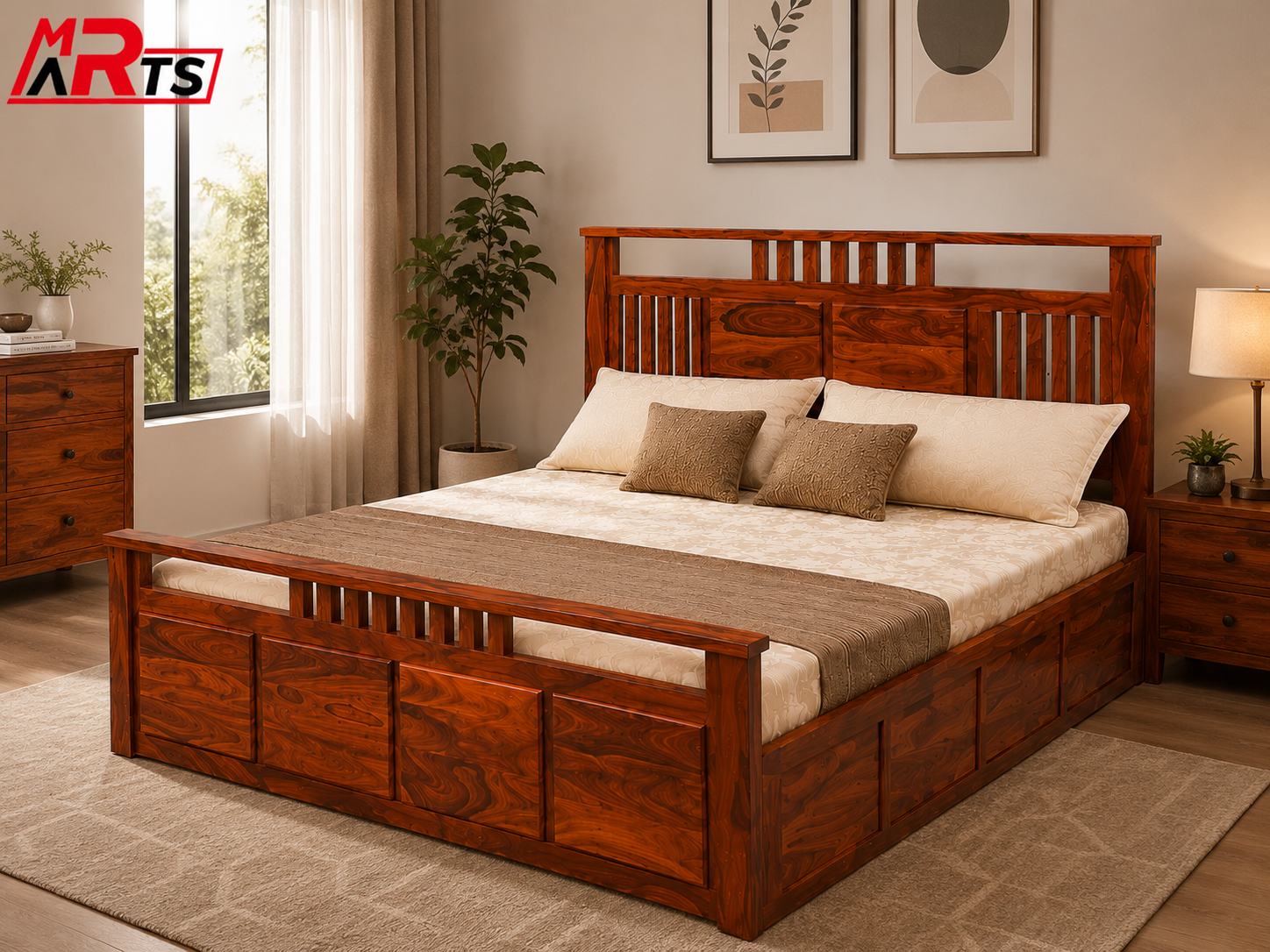 MR ARTS Aura Slatted Solid Sheesham Wood King Bed with Box Storage - Image 5