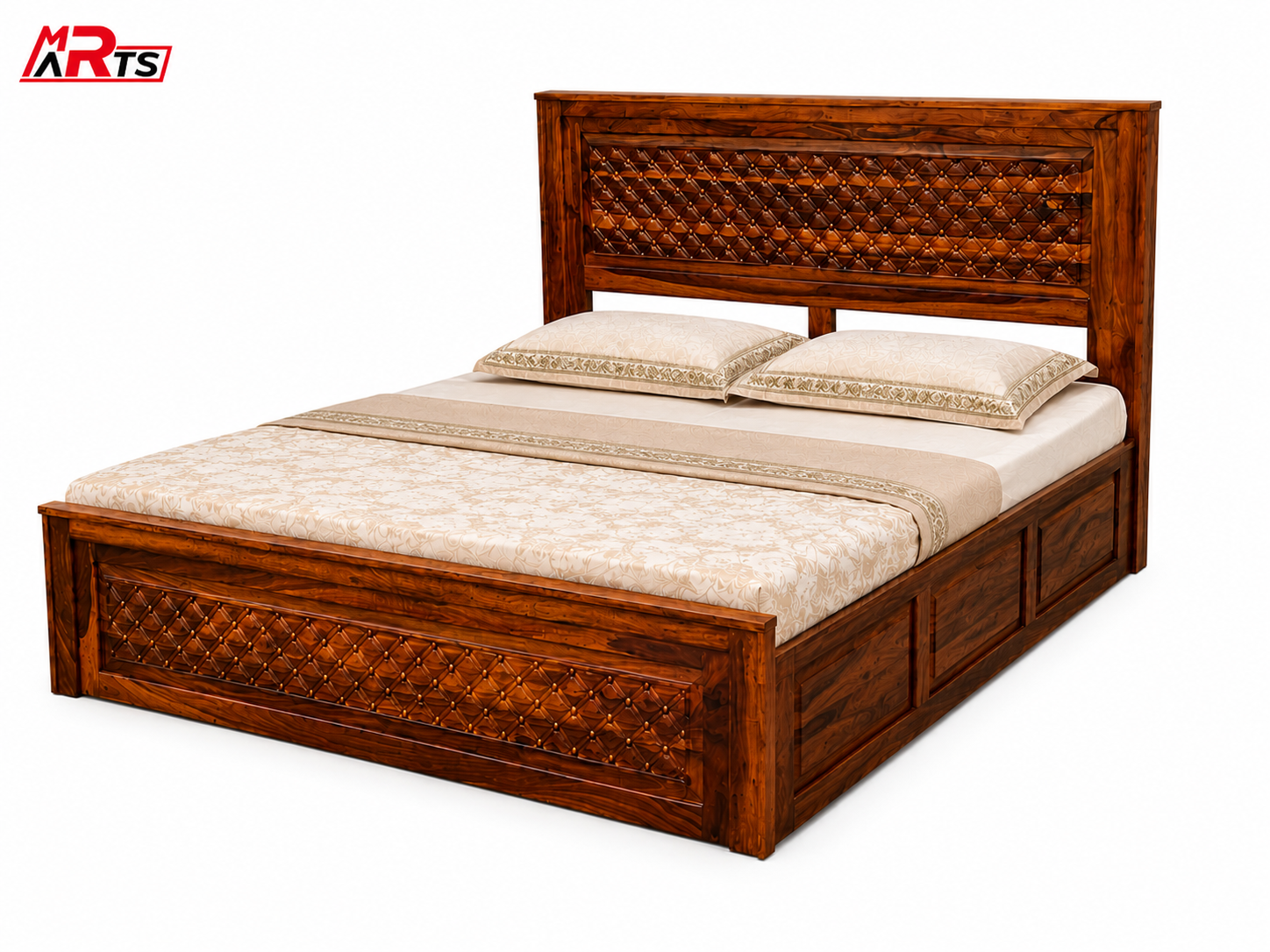 MR ARTS Royal Lattice Solid Sheesham Wood King Bed with Box Storage - Image 2