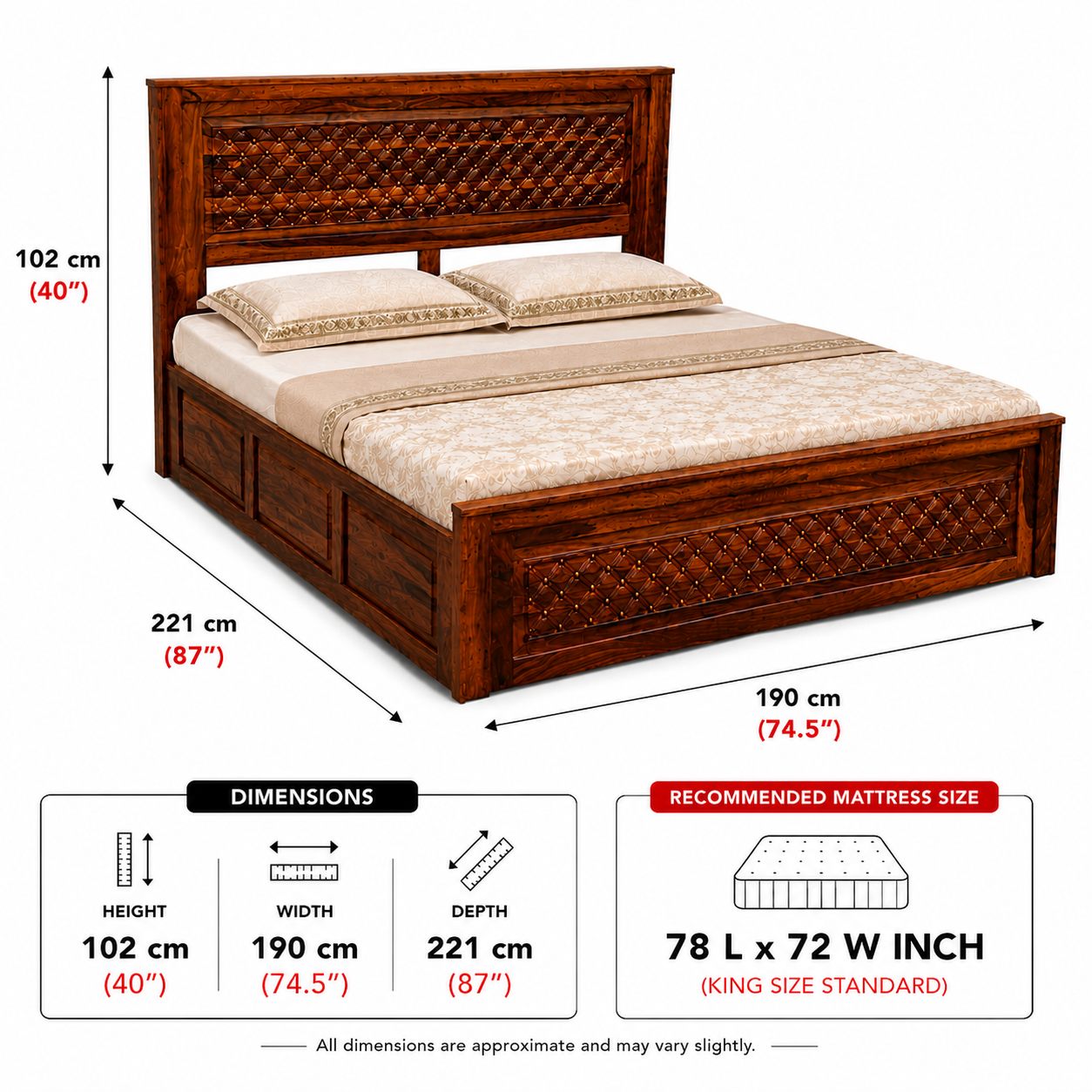 MR ARTS Royal Lattice Solid Sheesham Wood King Bed with Box Storage - Image 3