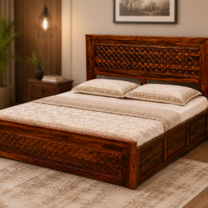 MR ARTS Royal Lattice Solid Sheesham Wood King Bed with Box Storage