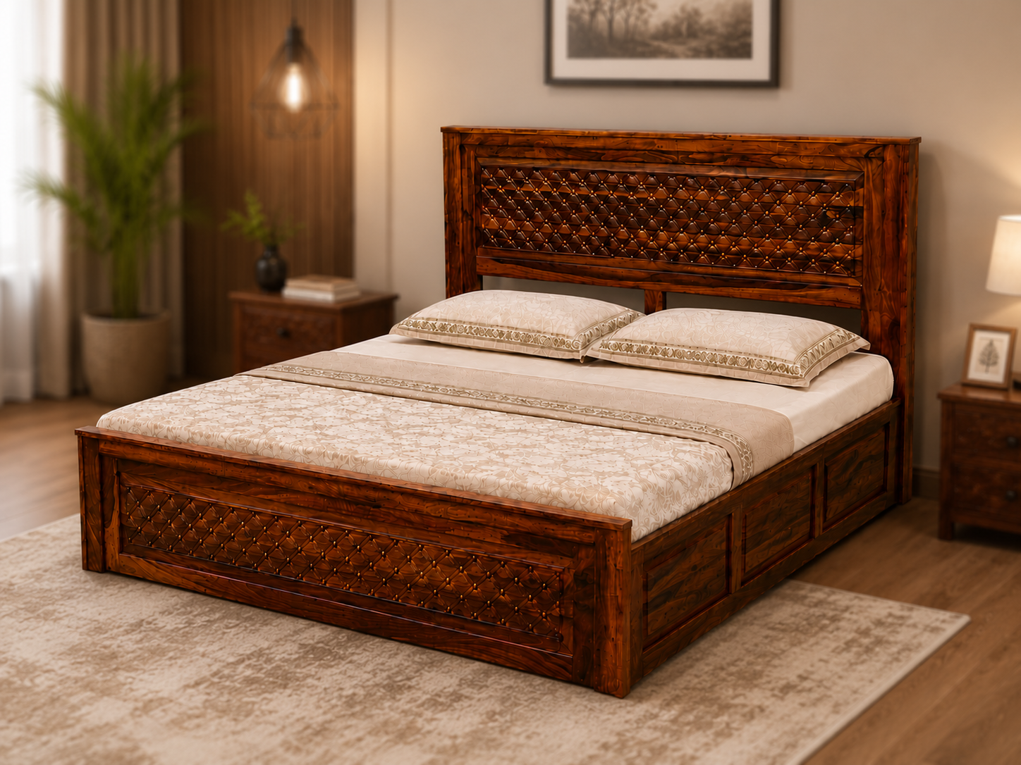 MR ARTS Royal Lattice Solid Sheesham Wood King Bed with Box Storage