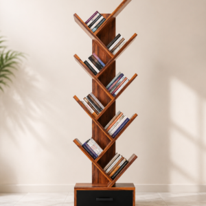 Solid Sheesham Wood Tree Shaped Bookshelf with Drawer - MR ARTS