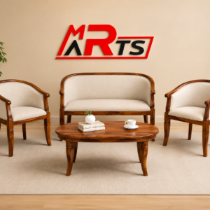 MR ARTS Stalley Solid Sheesham Wood Sofa Set with Coffee Table in Honey Oak Finish & Teal Green Velvet Dual Print