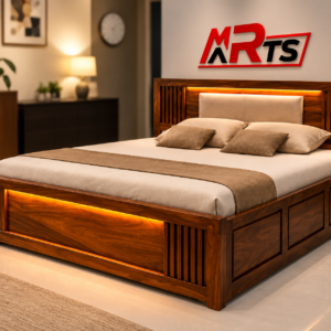 MR ARTS Lumina LED Solid Sheesham Wood King Bed with Hydraulic Storage