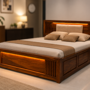 MR ARTS Lumina LED Solid Sheesham Wood King Bed with Hydraulic Storage