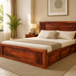 MR ARTS Linear Slatted Solid Sheesham Wood King Bed with Box Storage