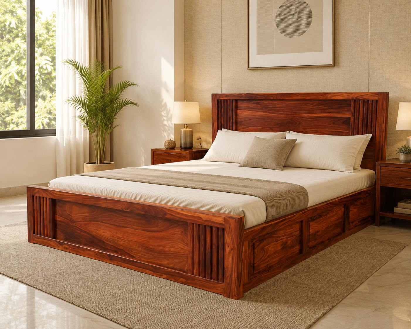 MR ARTS Linear Slatted Solid Sheesham Wood King Bed with Box Storage