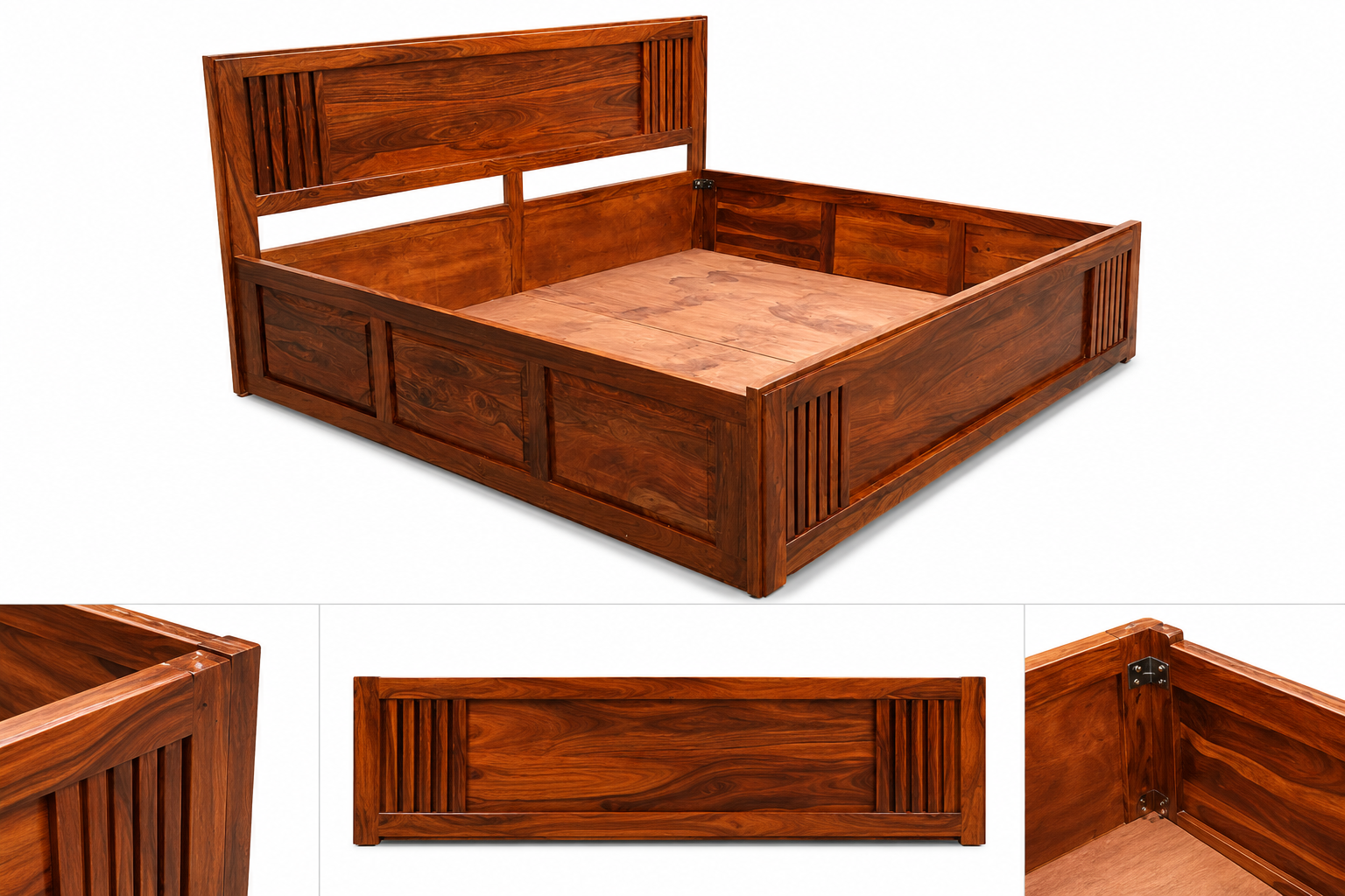 MR ARTS Linear Slatted Solid Sheesham Wood King Bed with Box Storage - Image 4