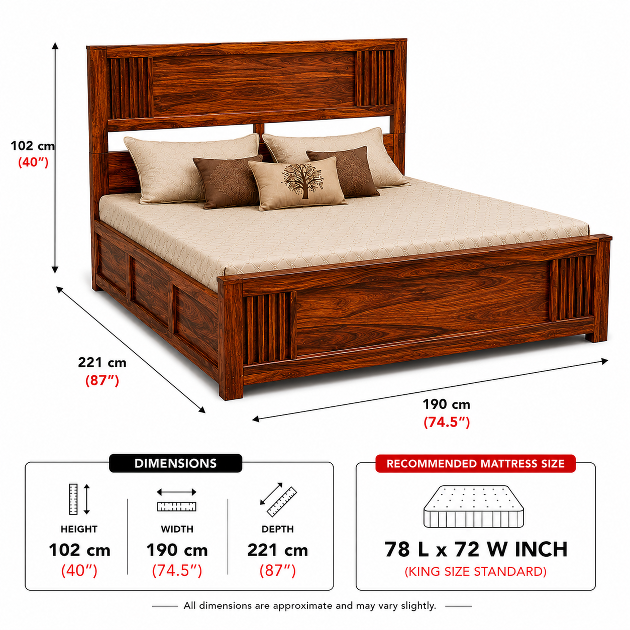 MR ARTS Linear Slatted Solid Sheesham Wood King Bed with Box Storage - Image 3