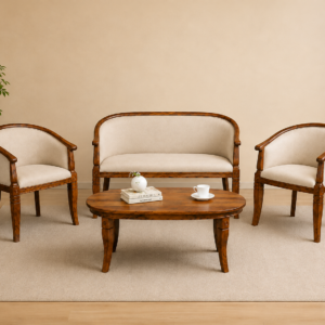 MR ARTS Stalley Solid Sheesham Wood Sofa Set with Coffee Table in Honey Oak Finish & Teal Green Velvet Dual Print