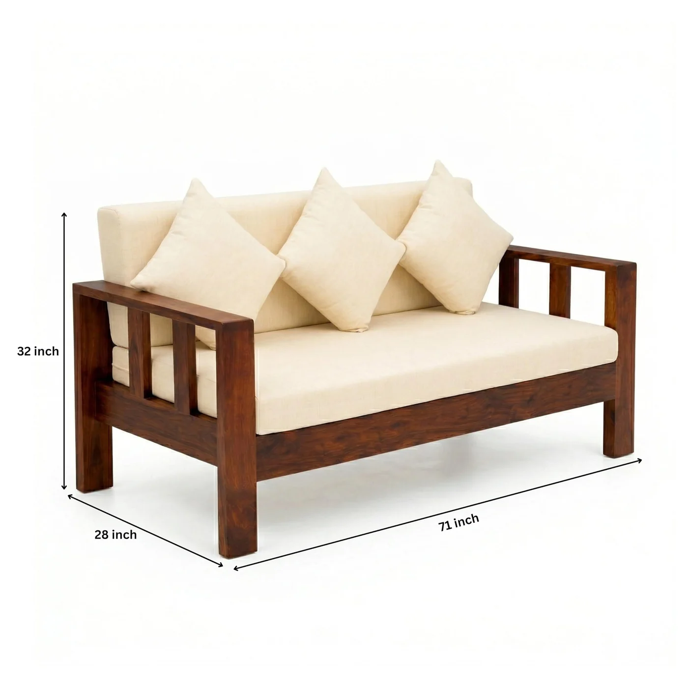MR ARTS Classic Slatted Solid Sheesham Wood 3 Seater Sofa with Cushions in Natural Finish - Image 2