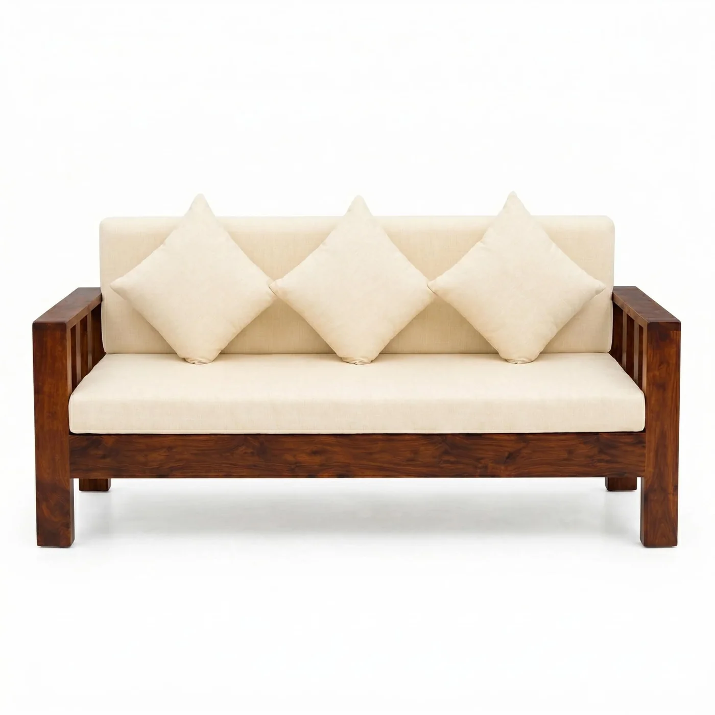 MR ARTS Classic Slatted Solid Sheesham Wood 3 Seater Sofa with Cushions in Natural Finish - Image 3