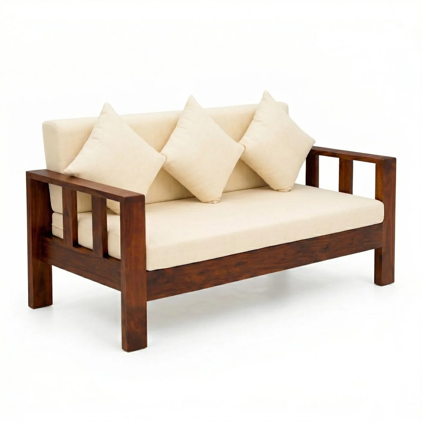 MR ARTS Classic Slatted Solid Sheesham Wood 3 Seater Sofa with Cushions in Natural Finish - Image 5