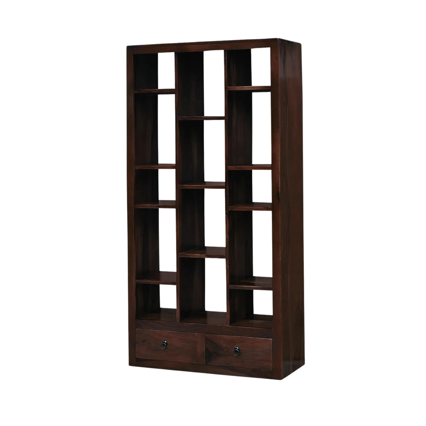 MR ARTS Matrix Zigzag Solid Sheesham Wood Bookshelf with 2 Drawers in Walnut Finish - Image 2