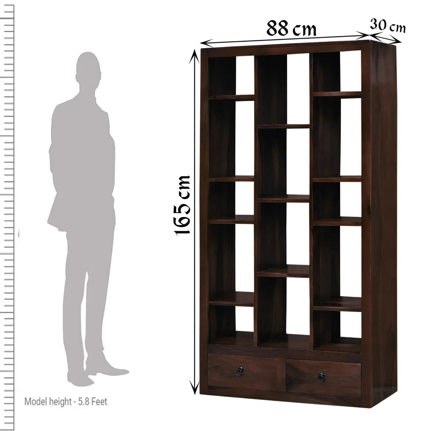 MR ARTS Matrix Zigzag Solid Sheesham Wood Bookshelf with 2 Drawers in Walnut Finish - Image 4
