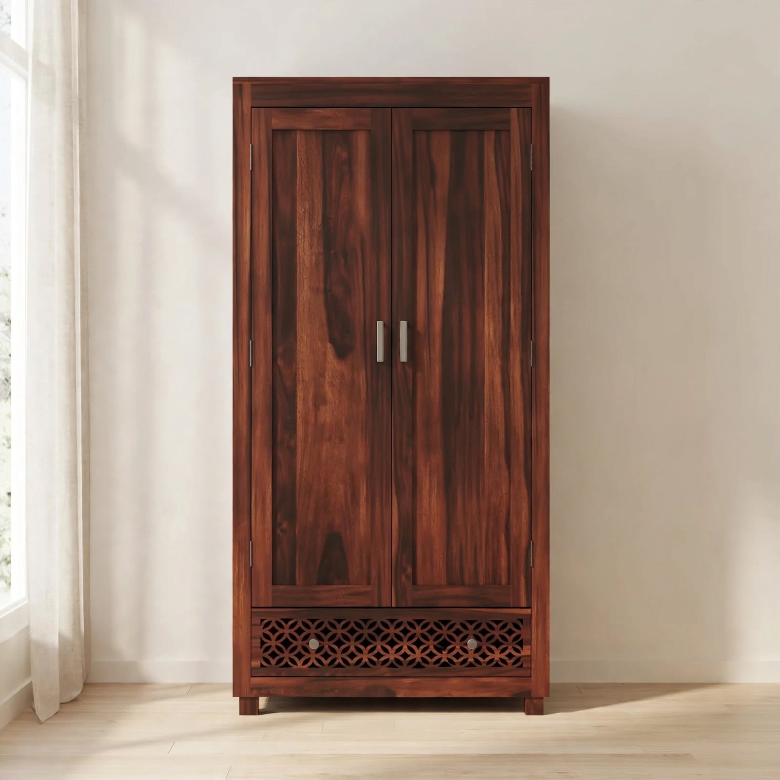 Solid Wood Wardrobe with 2 Doors in Honey Walnut Finish