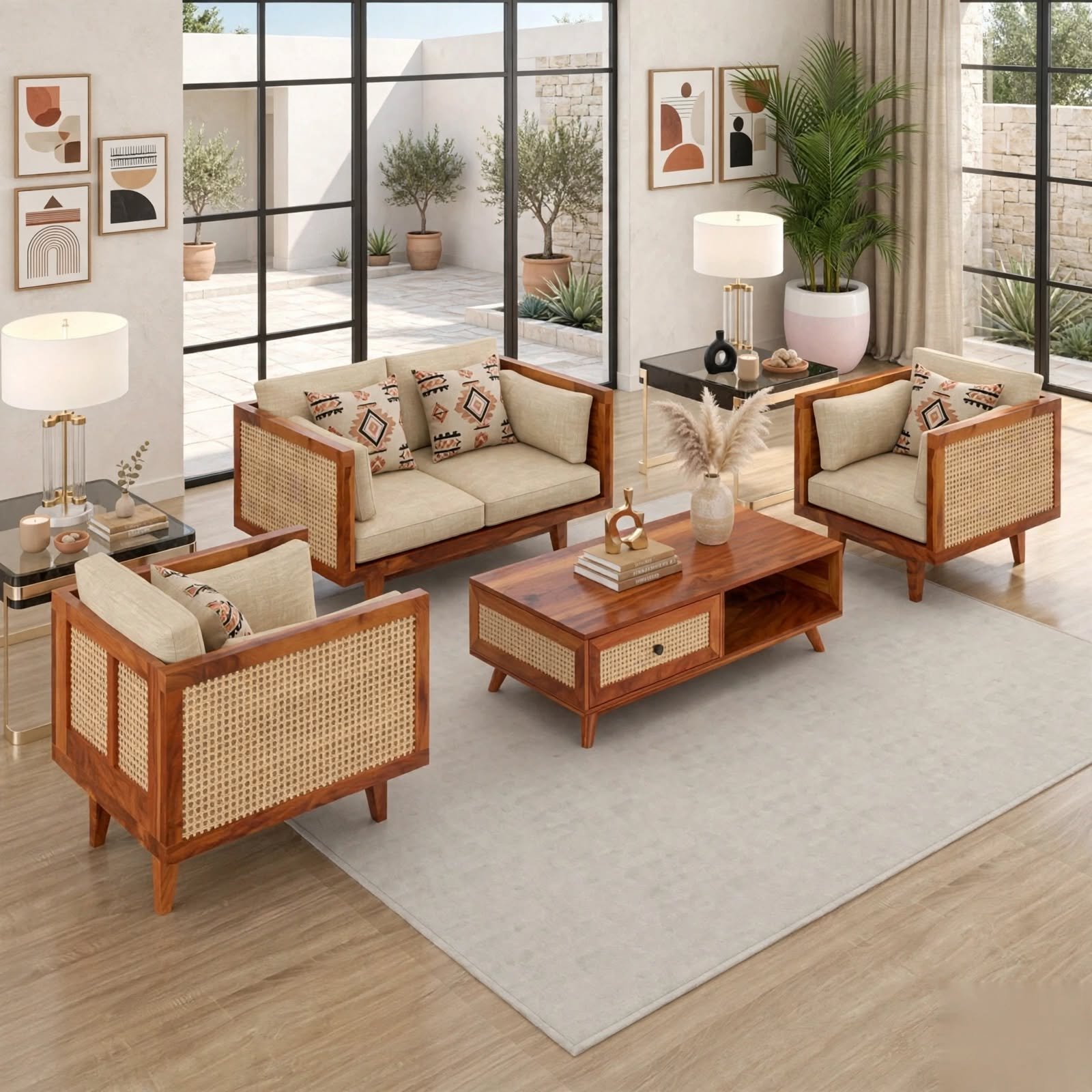 MR ARTS Premium Sheesham Wood Sofa Set with Cane Work | SKU: MRA-SS-CS-211-HB