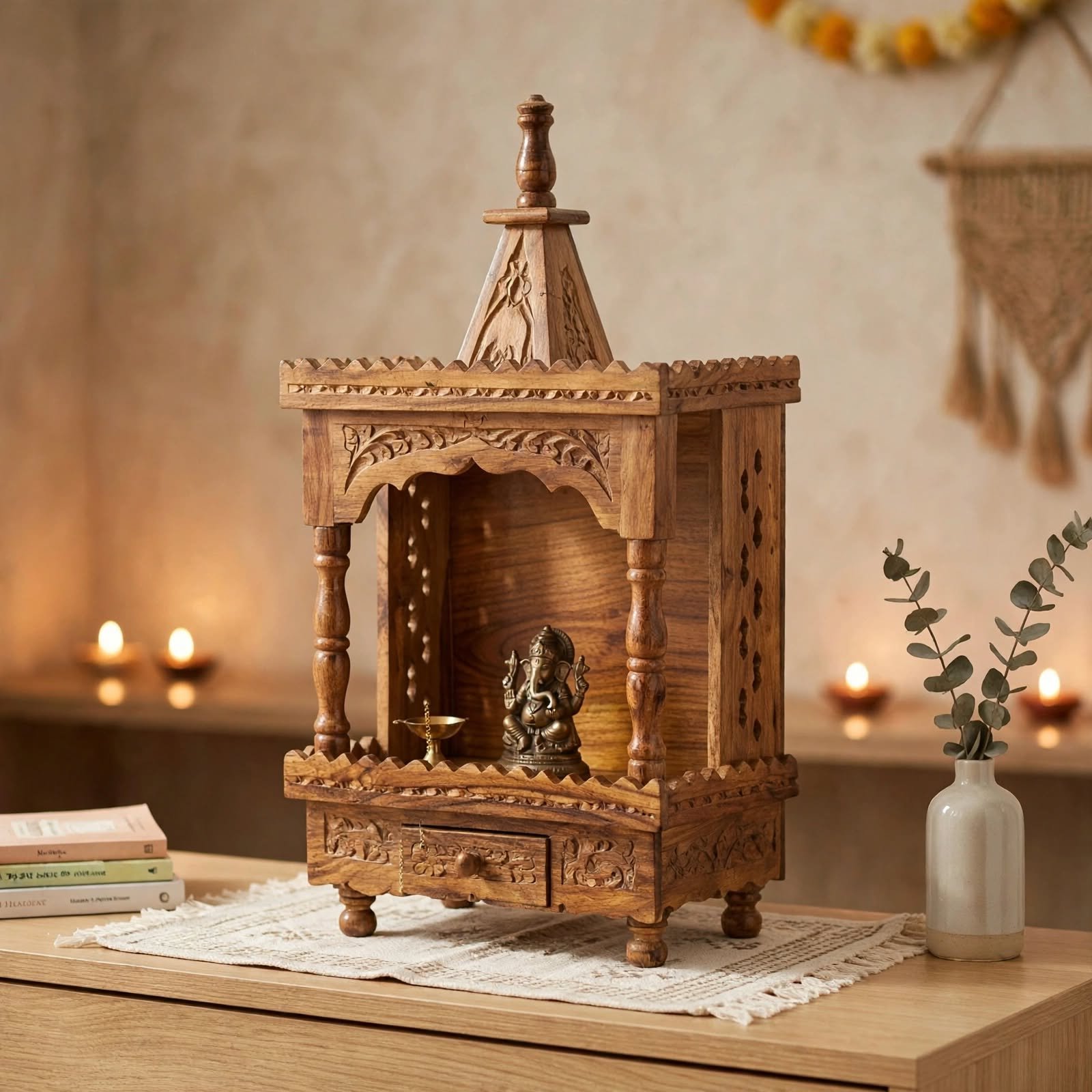 Handcrafted Sheesham Wood Mandir Single Dome for Home & Office