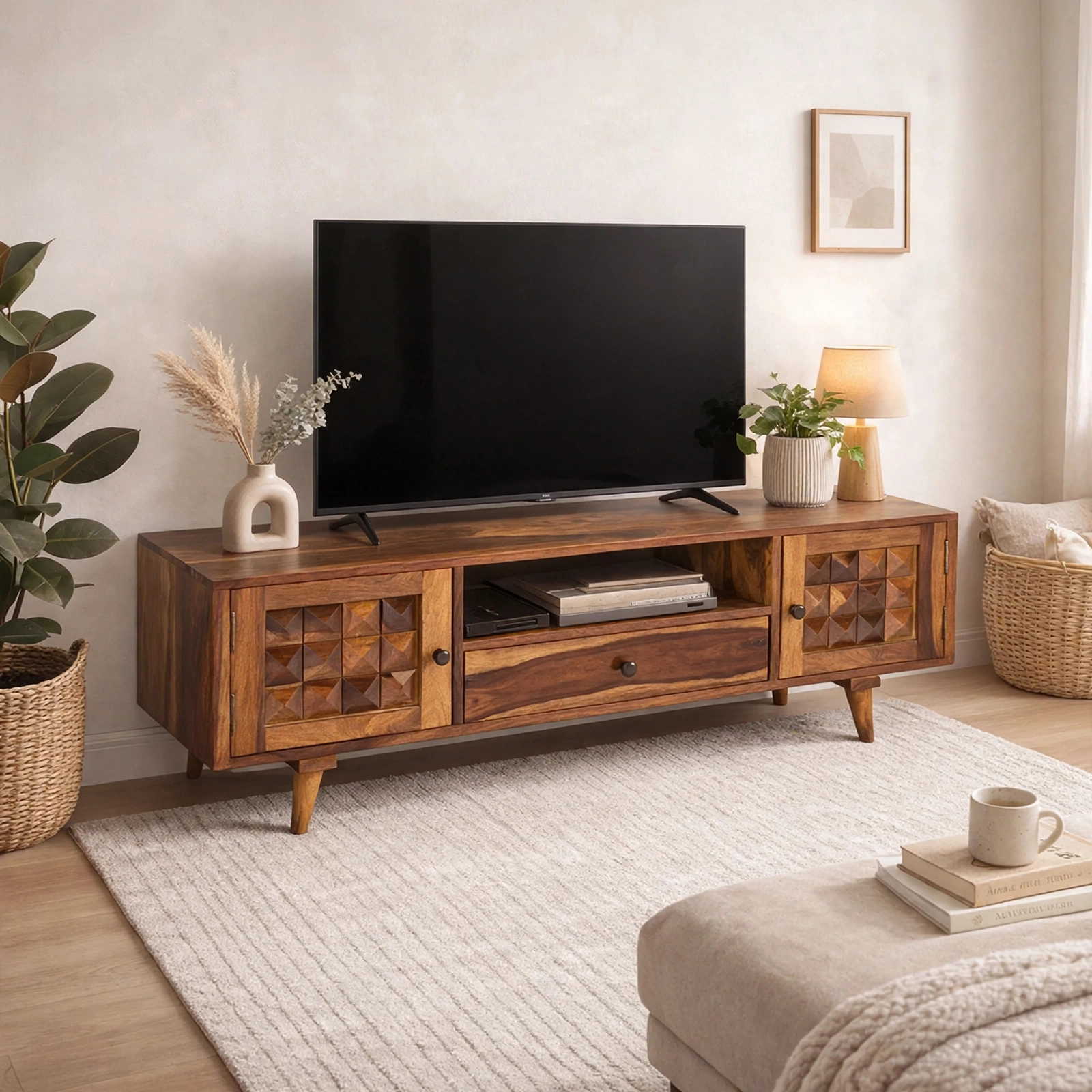 MR ARTS Prism Diamond Cut Solid Sheesham Wood TV Unit Console